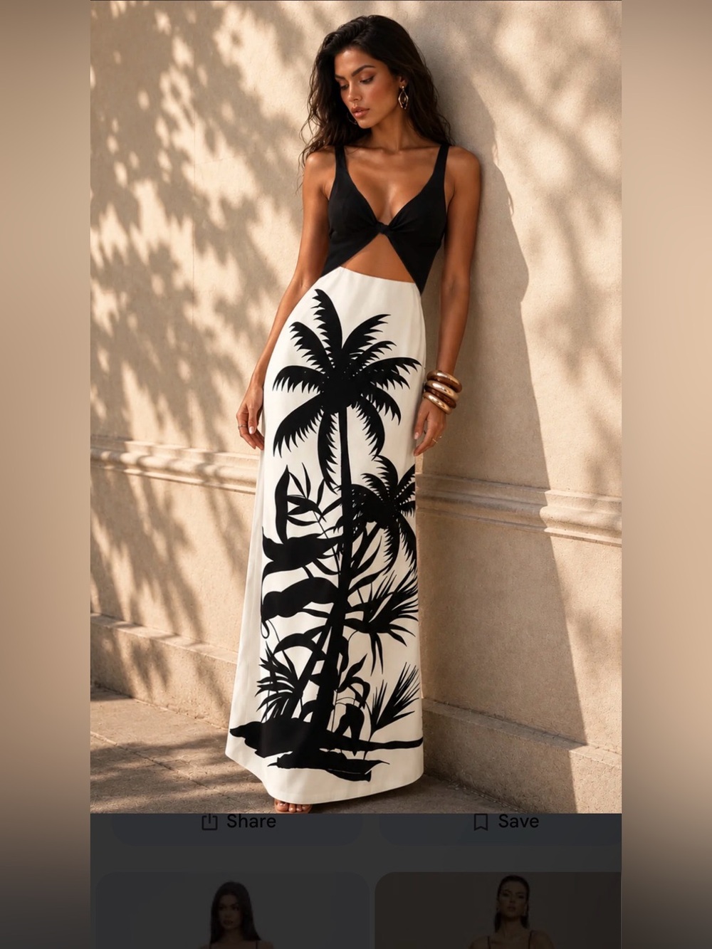 Commense Black & White Palm-Print Cutout Maxi Dress